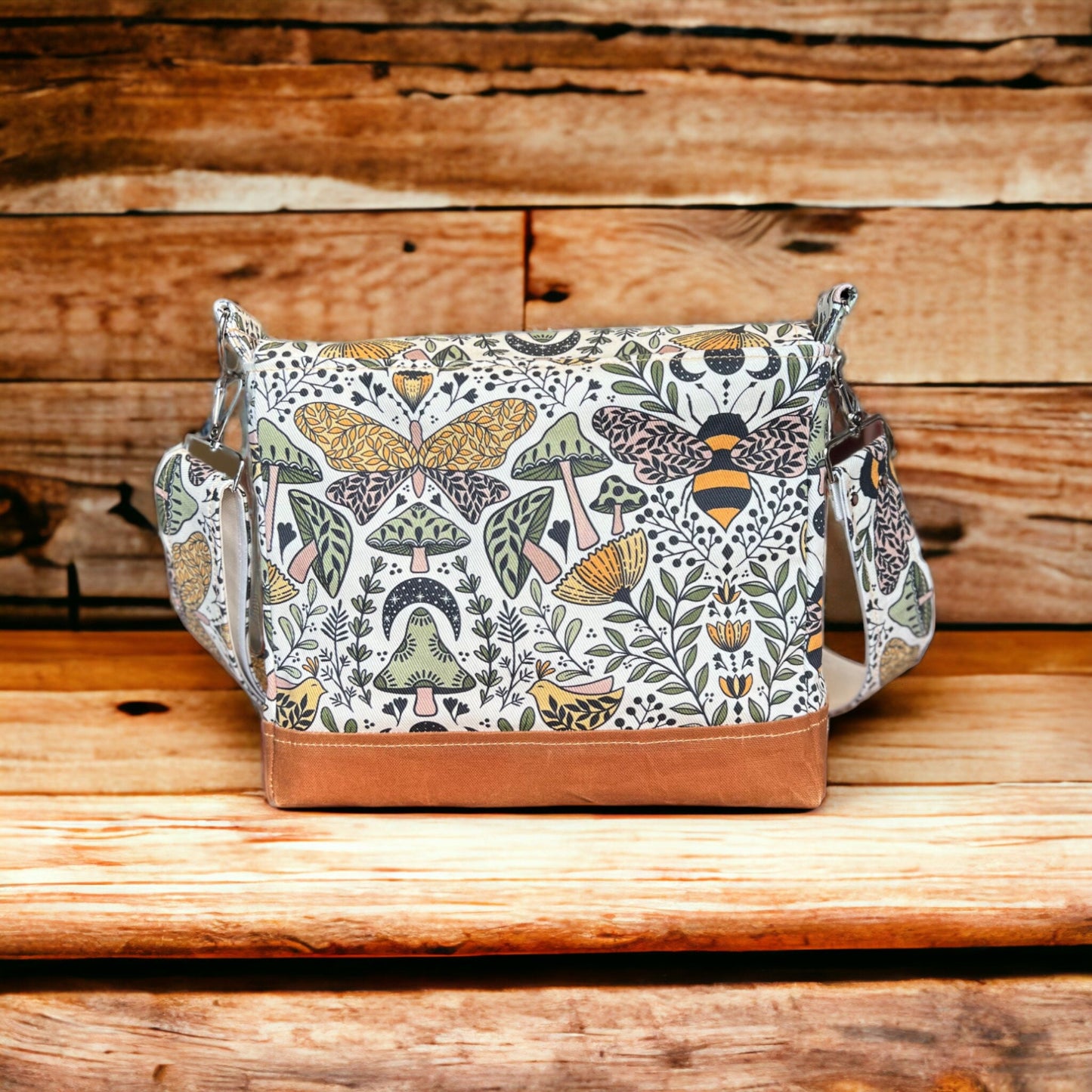 Bee and mushroom crossbody bag, 10.5" x 11" x 4" purse, bee themed gift, messenger bag