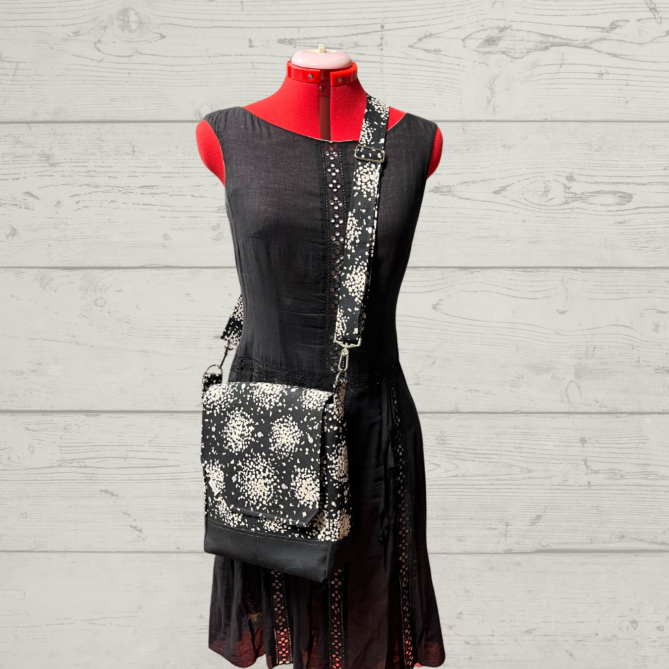 Stay Organized and Chic with our Black Polka Dot Canvas Crossbody Bag