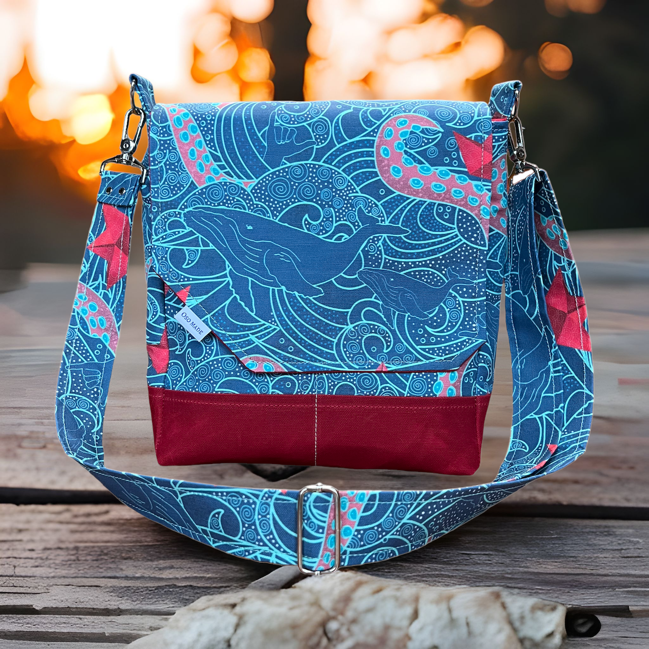 Wave & Whale Purse, Sea creatures of the deep crossbody bag, Angry ocean bag, Whale linen purse