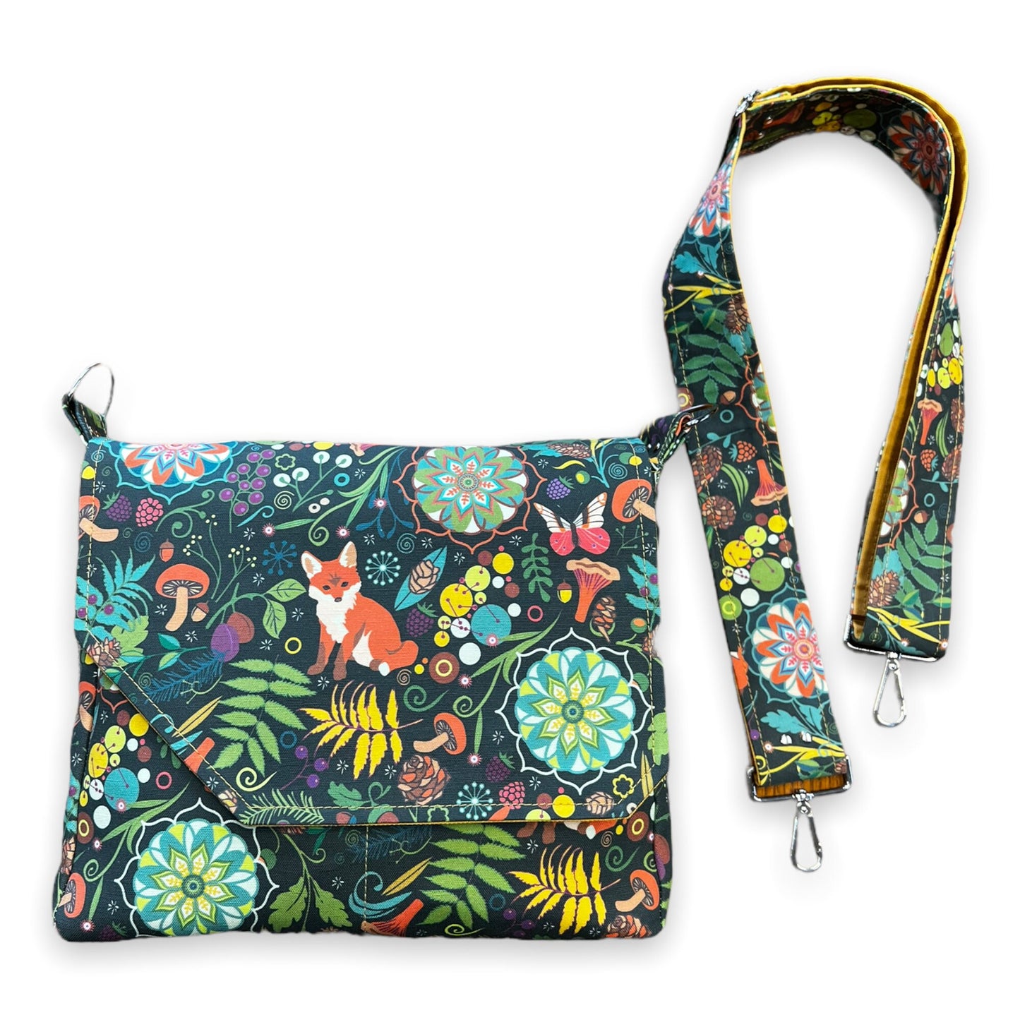 Fox print crossbody bag, fox print purse, cottagecore woodland critter messenger bag.