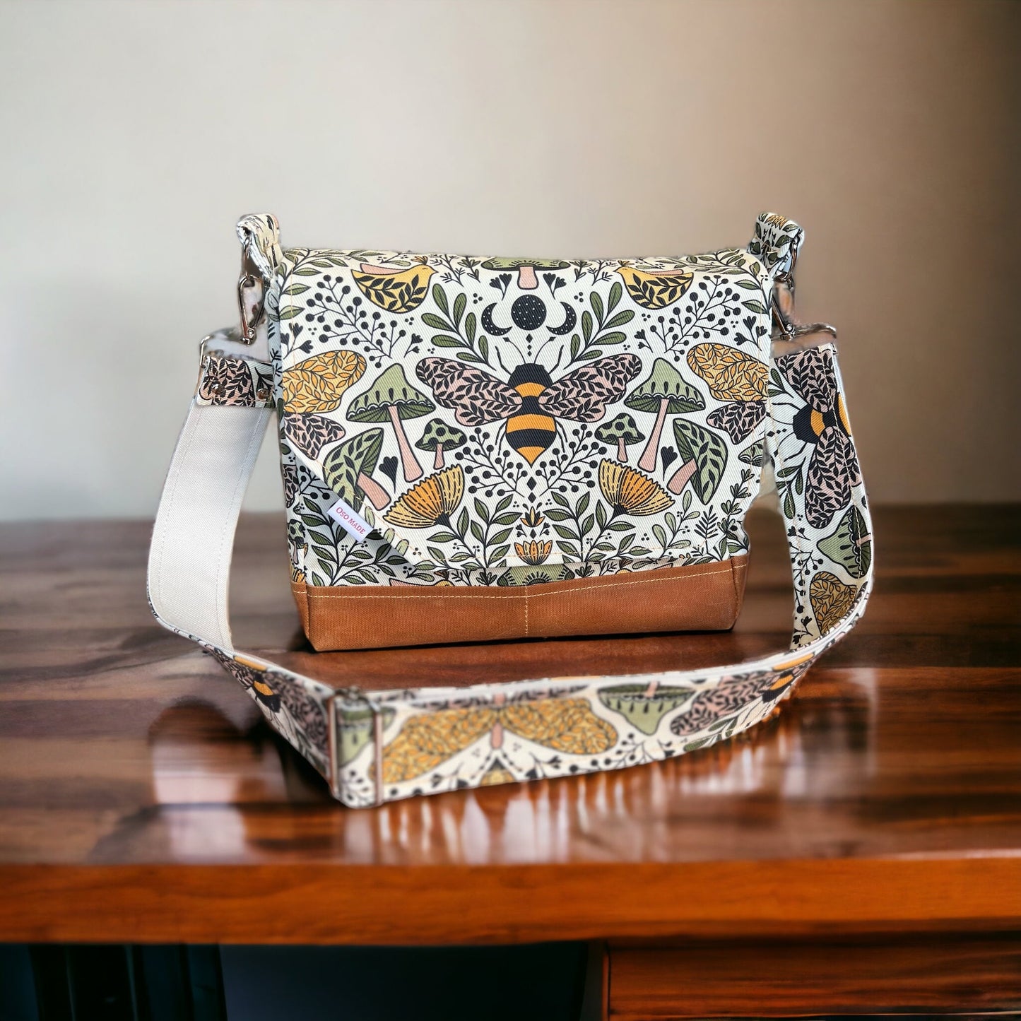 Bee and mushroom crossbody bag, 10.5" x 11" x 4" purse, bee themed gift, messenger bag