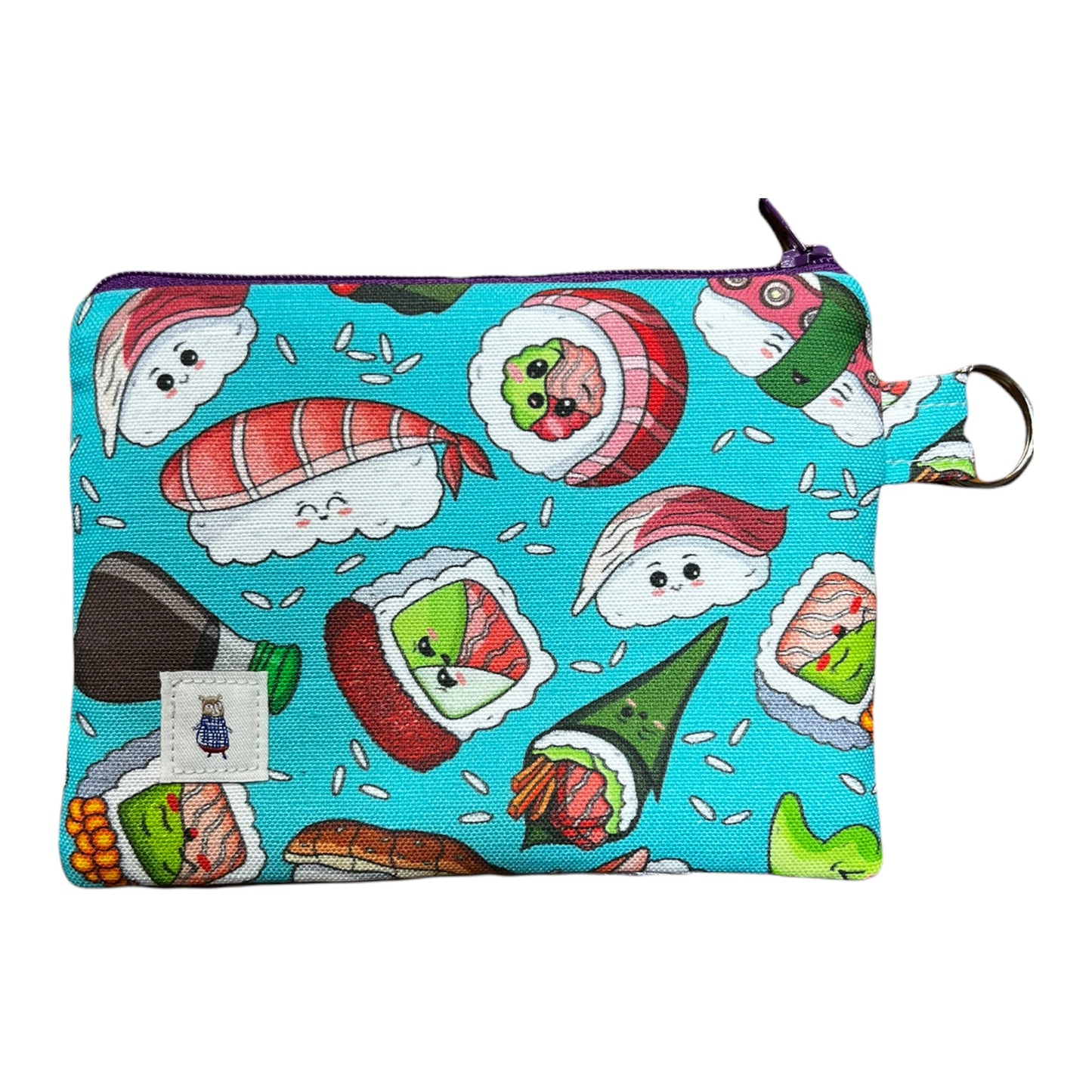 Kawaii sushi coin purse. Made with artisan linen cotton fabric, 6" x 4.5"