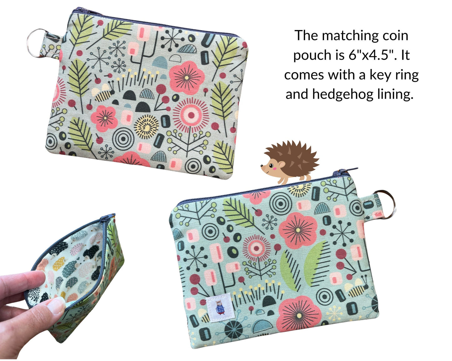 Flower coin purse, midcentury modern inspired pouch, 6"x4.5", linen and cotton, nylon zipper.