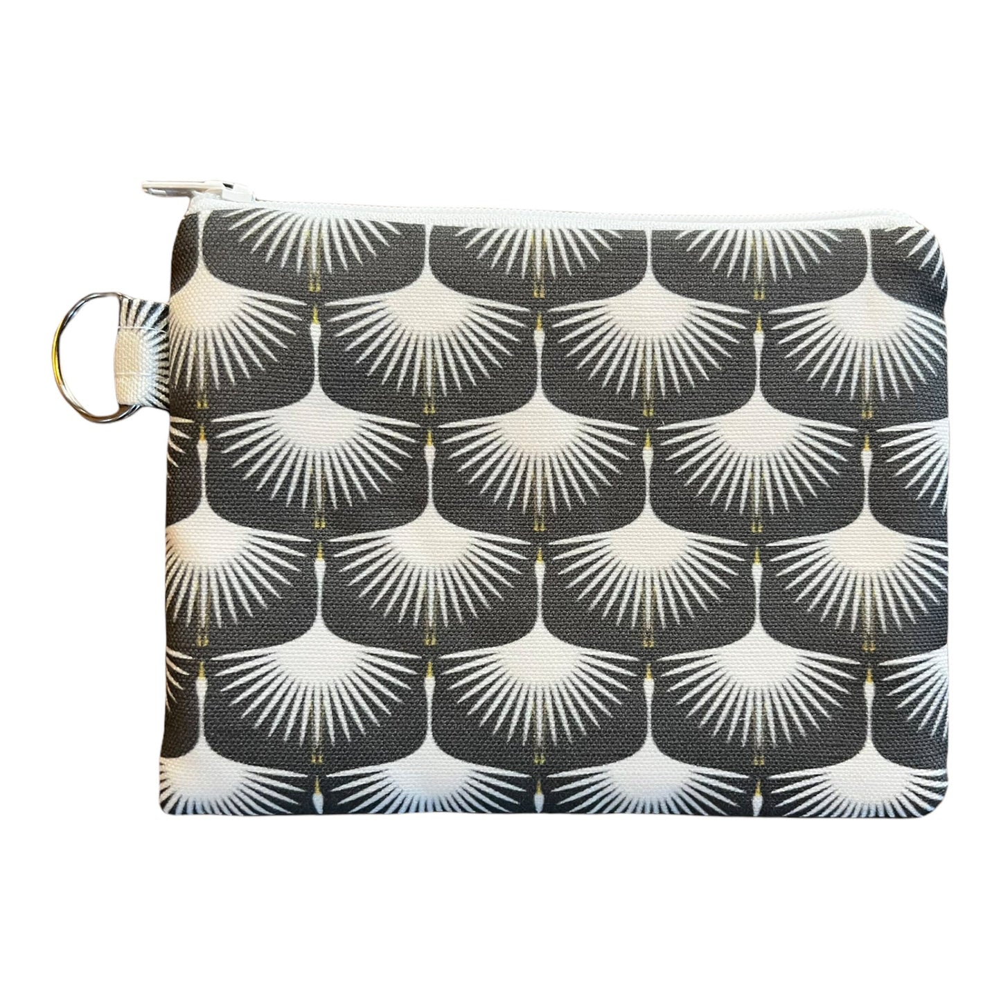 Art deco style swan coin purse, bird print change purse, 6"x4.5" linen & cotton fabric zipper pouch