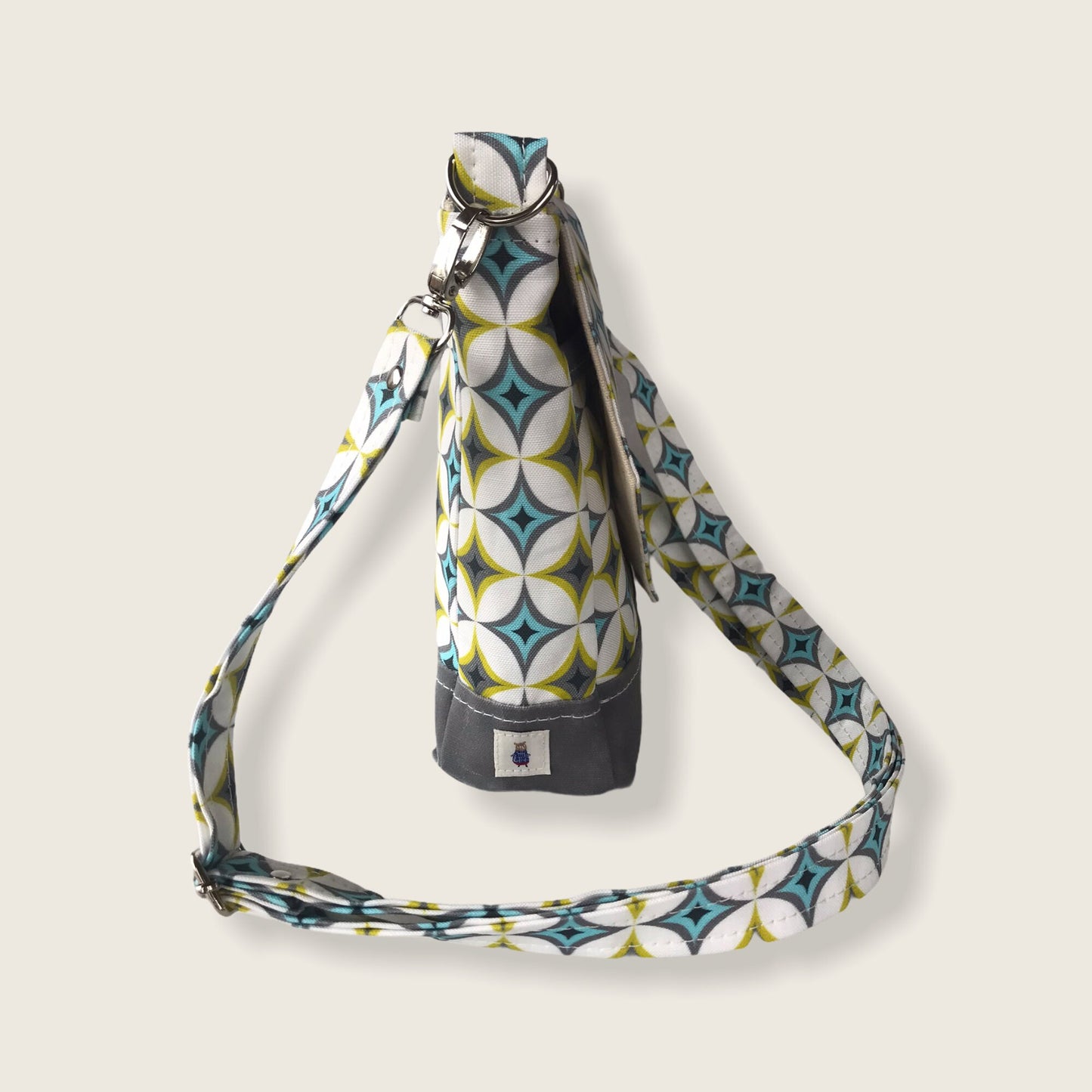Mid-century modern geometric print crossbody bag, mini messenger style, White, blue & gold, 8.5"x6".