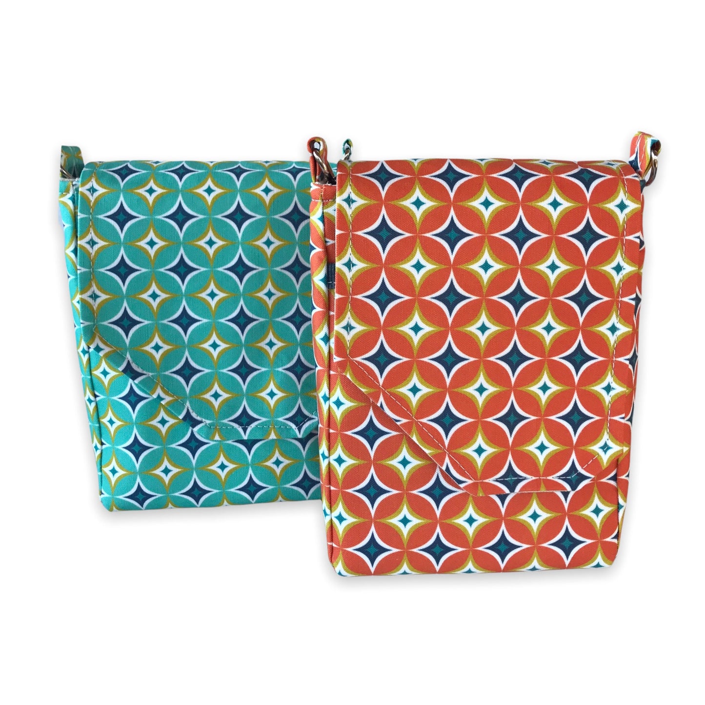 Mid-century modern geometric print crossbody bag, mini messenger style, orange, navy, & yellow, 8.5"x6".