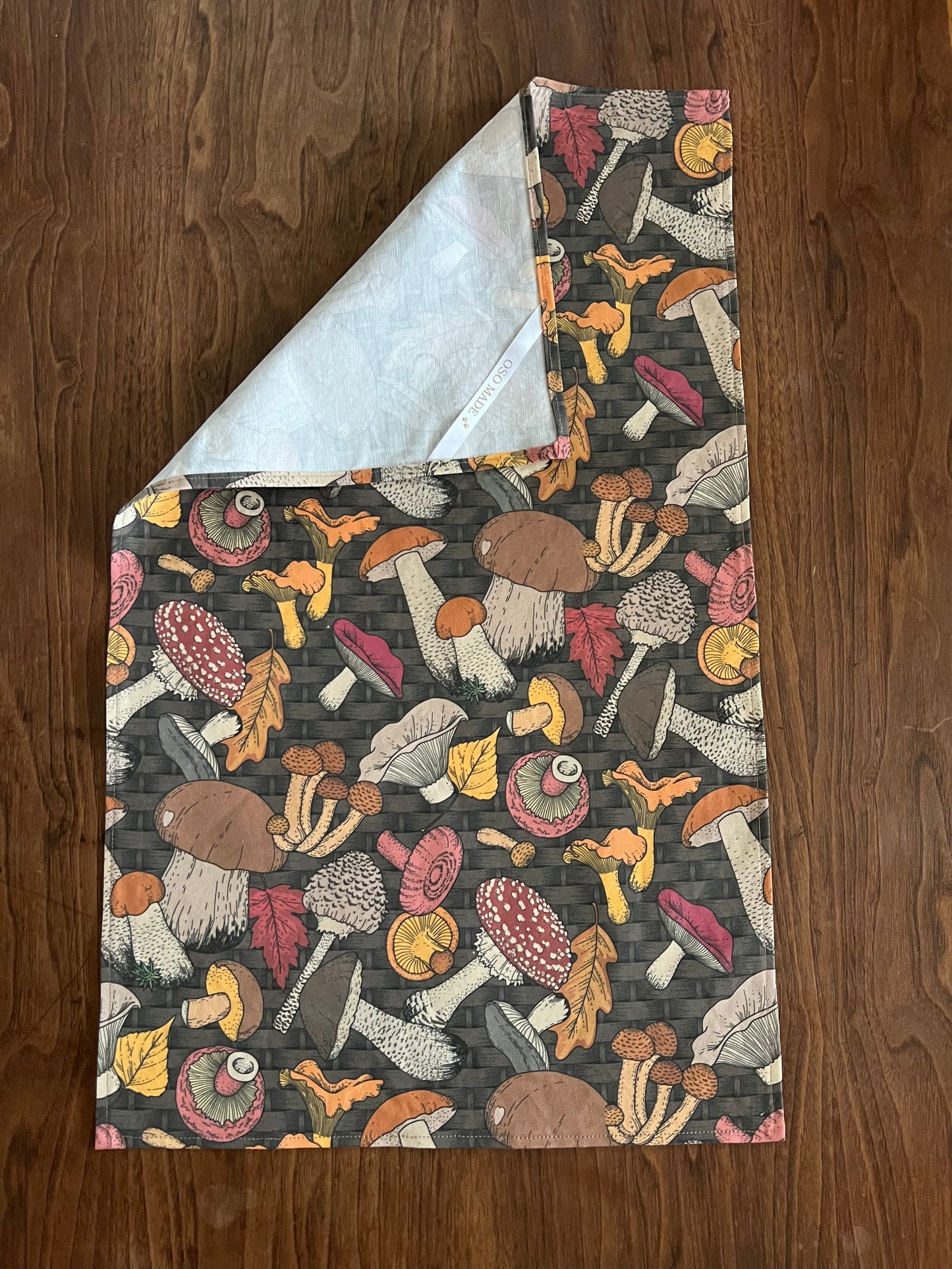 Kawaii mushroom print tea towel, chanterelle and bolete towel, forager's gift