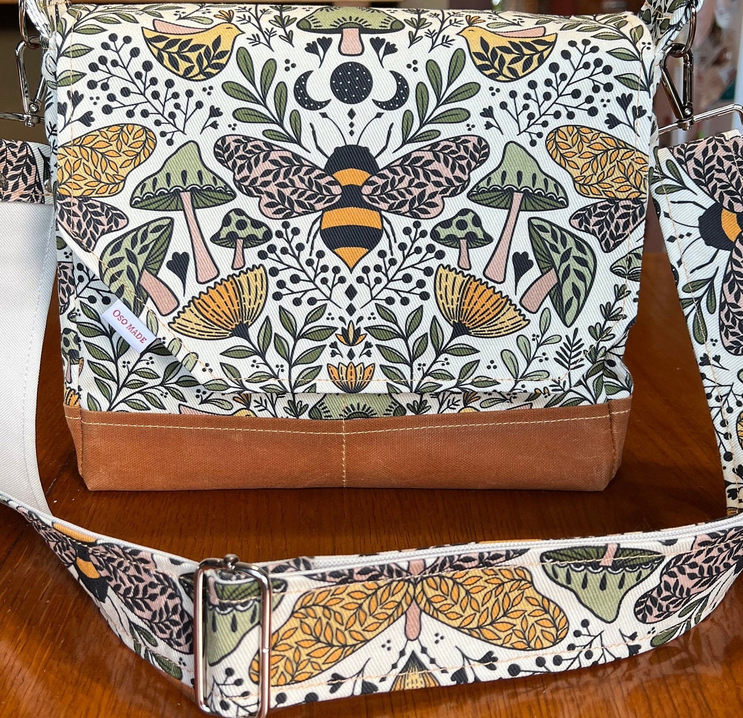 Bee and mushroom crossbody bag, 10.5" x 11" x 4" purse, bee themed gift, messenger bag