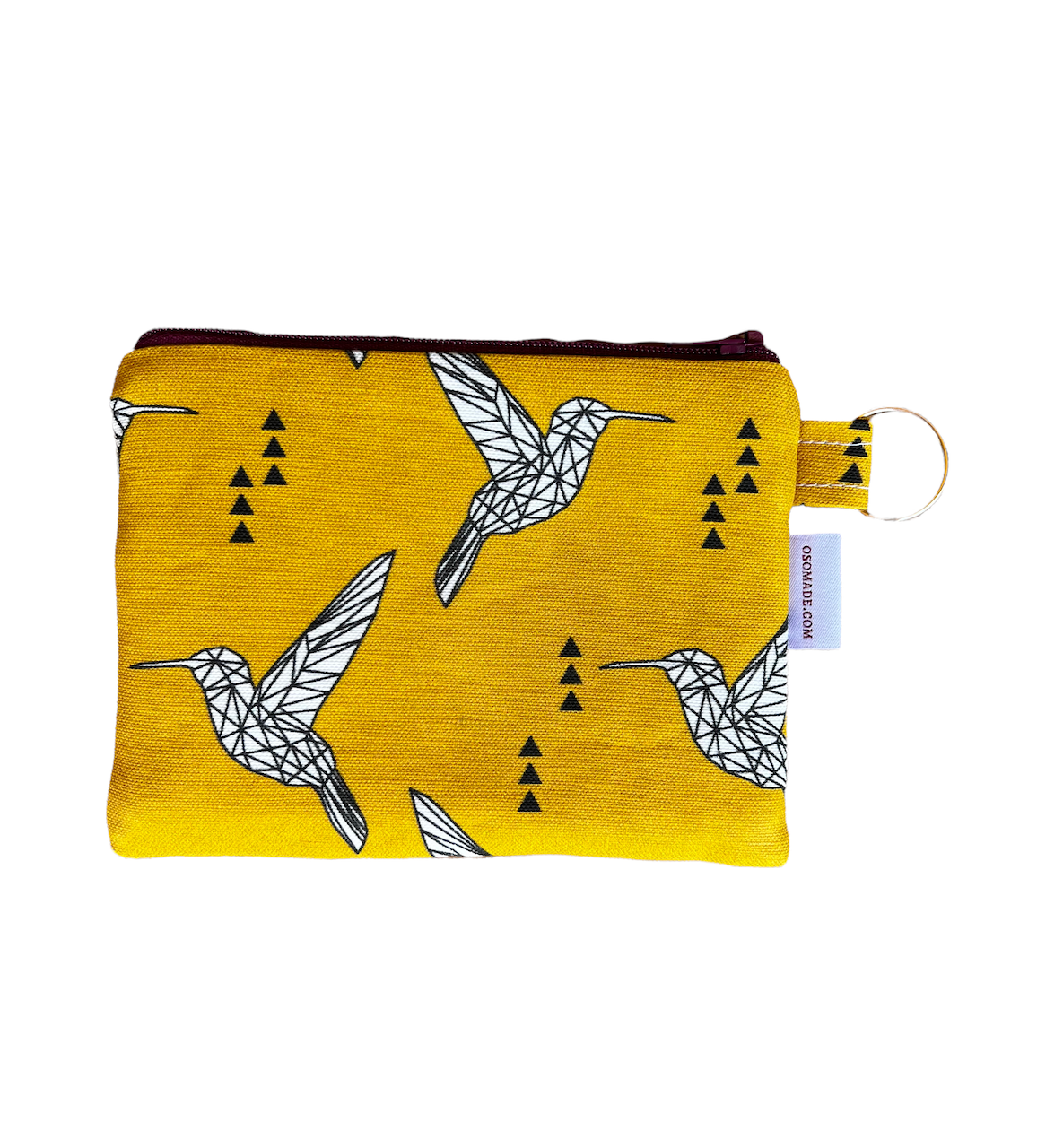 Geometric Hummingbird coin purse, gold linen cotton zipper pouch with bird, bird print change purse, 6"x4.5"