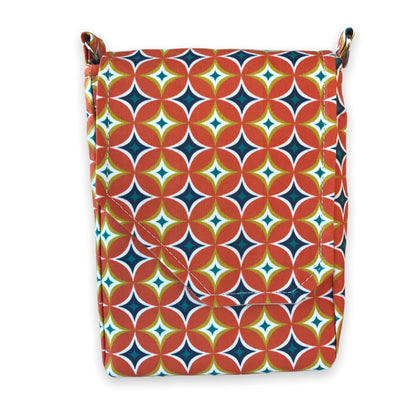 Mid-century modern geometric print crossbody bag, mini messenger style, orange, navy, & yellow, 8.5"x6".