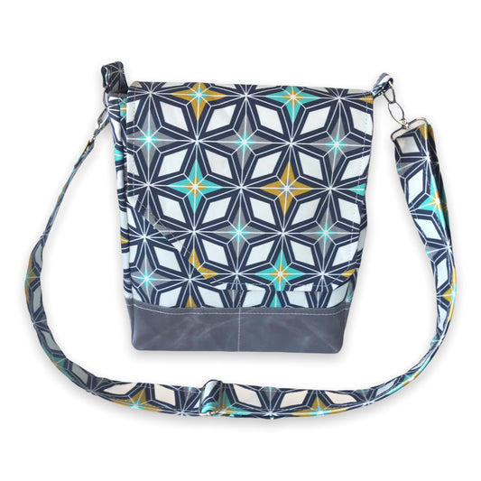 Geometric print crossbody bag, midcentury modern style purse, gift for retro fan, Mod style purse, waxed canvas & linen bag