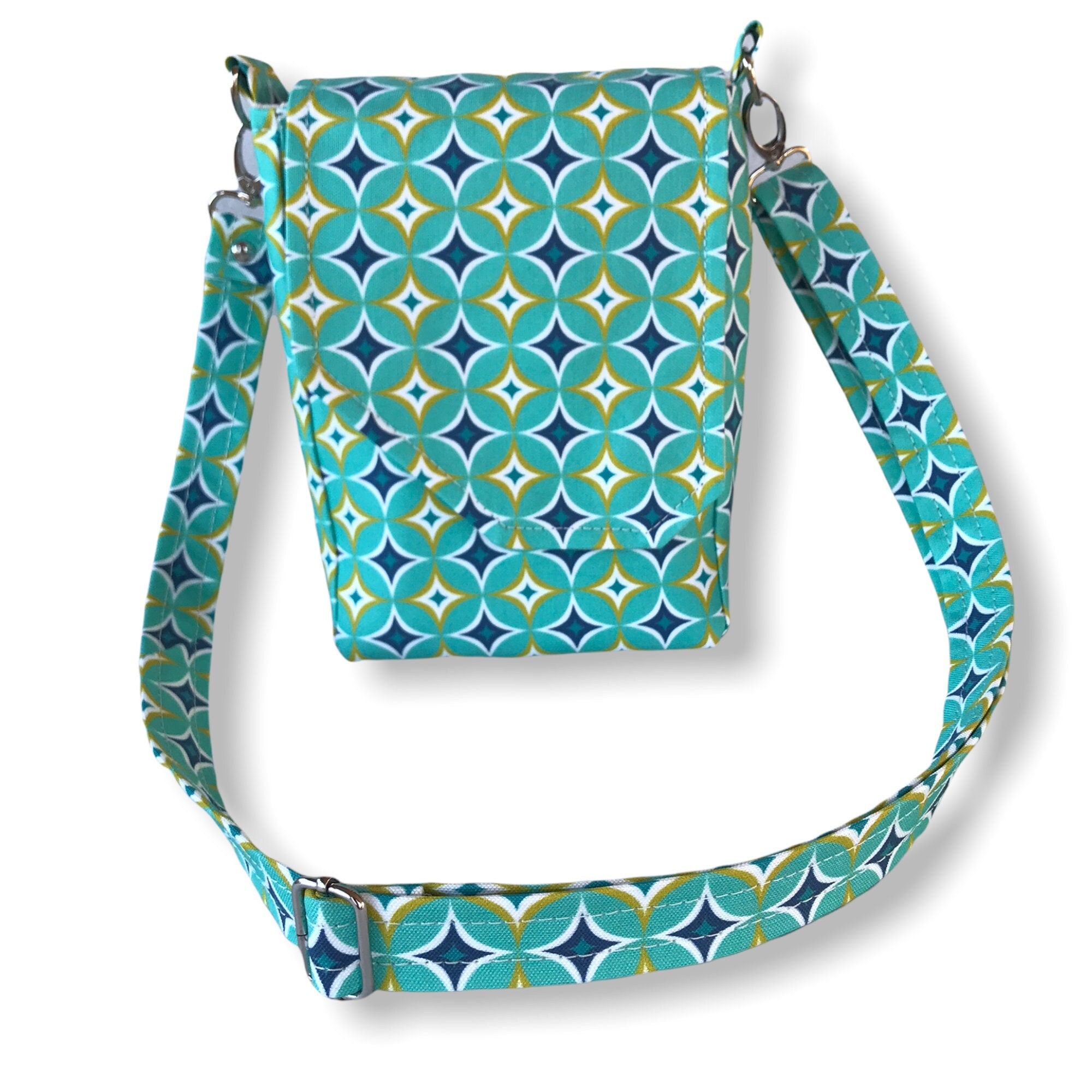 Mid-century modern geometric print crossbody bag, mini messenger style, good teal, navy, & yellow, 8.5