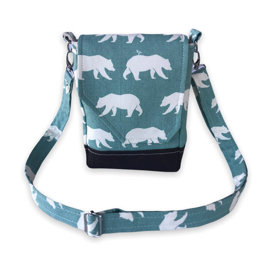 Bear print crossbody bag, linen and waxed canvas bear purse, Cottagecore mini messenger, woodland critter gift