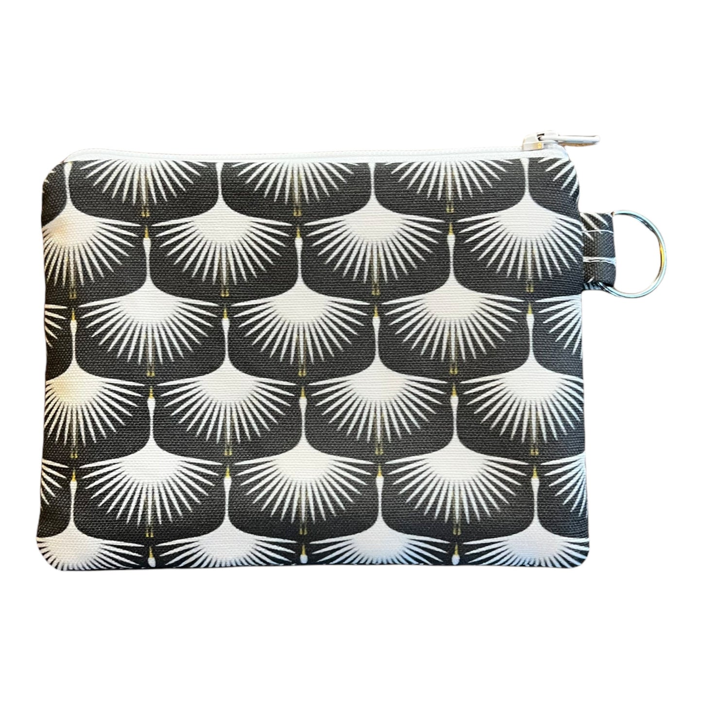 Art deco style swan coin purse, bird print change purse, 6"x4.5" linen & cotton fabric zipper pouch