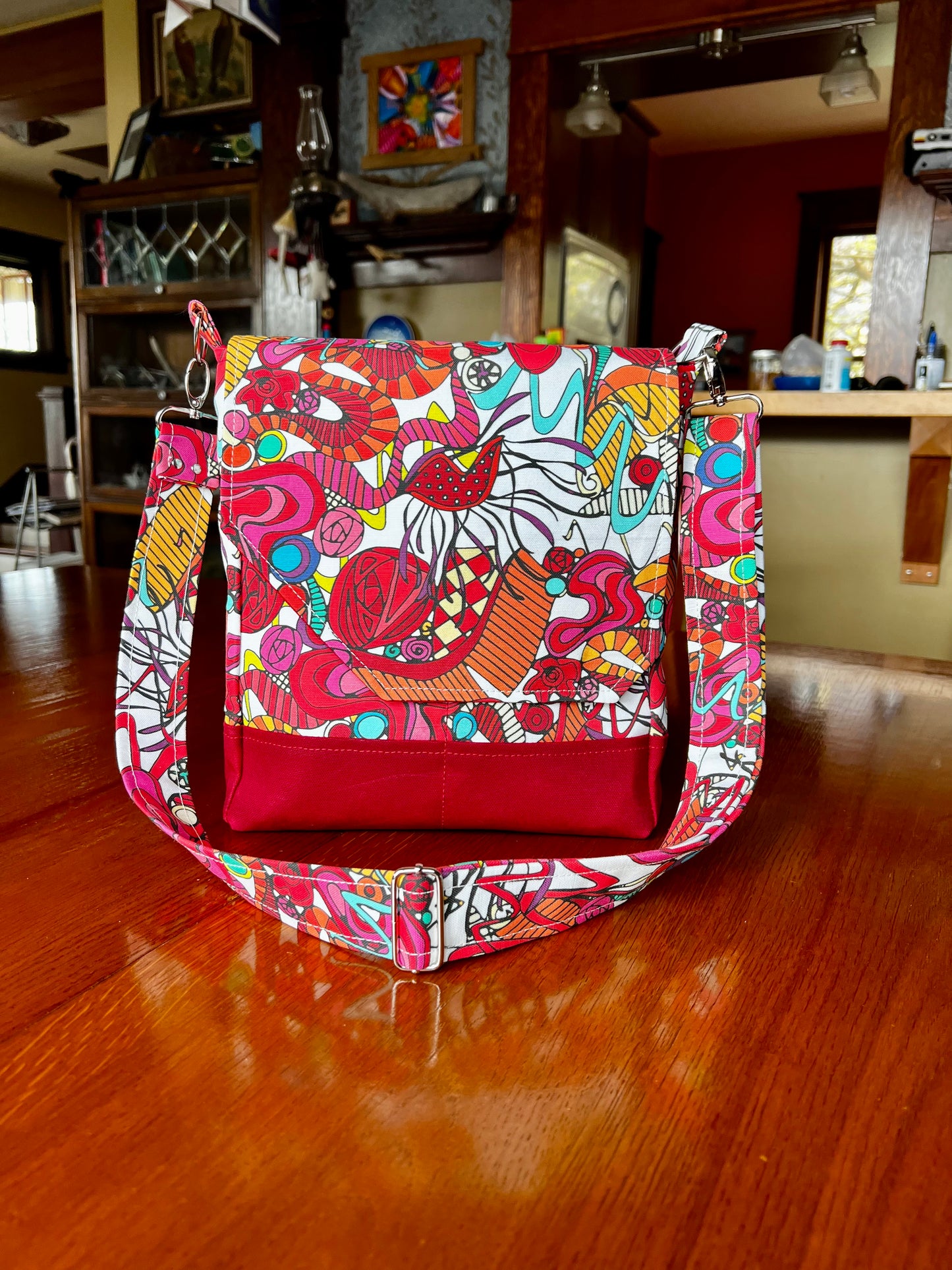 Maximalist red purse for her, Red Modern Art Inspired Purse, Linen and waxed canvas crossbody bag, Kandinsky inspired