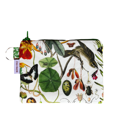 Botanical coin purse, naturalist inspired pouch, 6"x4.5", linen and cotton, nylon zipper.