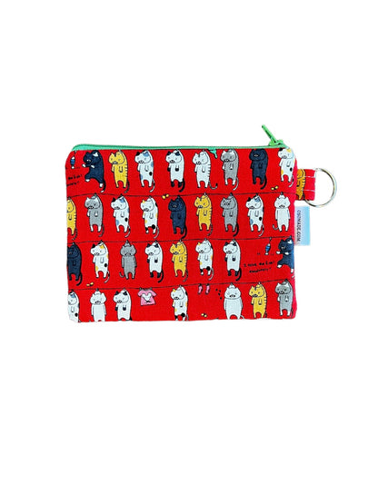 Whimsical cat print coin purse, cat print pouch, red cat money purse, kawaii canvas zipper bag, 6" x 4.5", gift for cat lover.