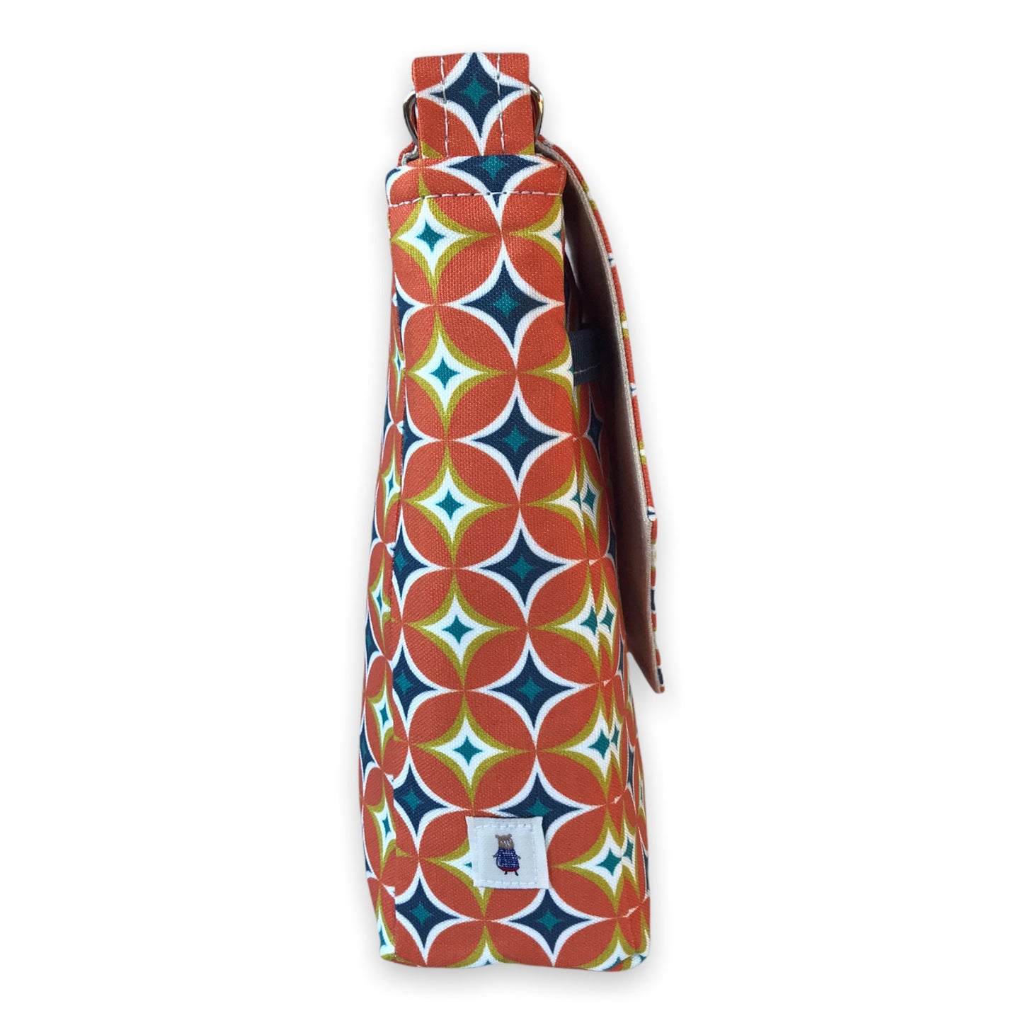 Mid-century modern geometric print crossbody bag, mini messenger style, orange, navy, & yellow, 8.5"x6".