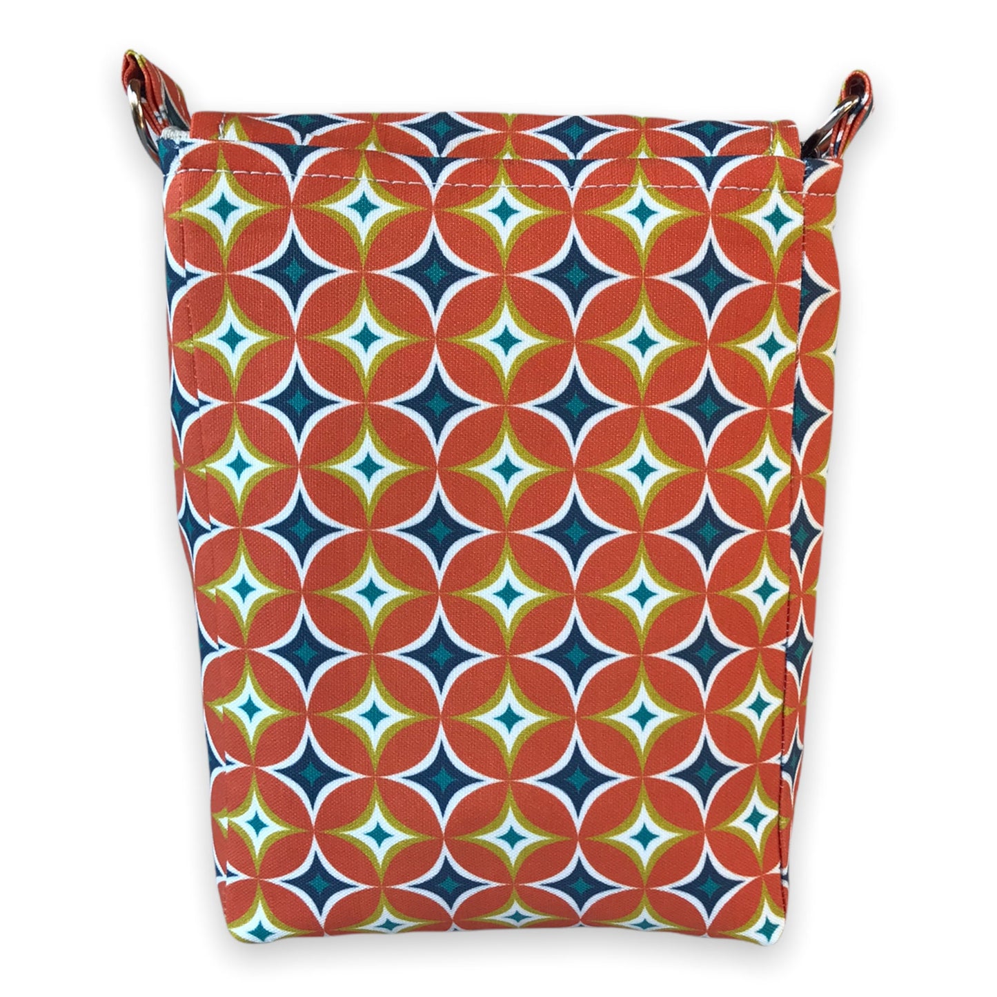 Mid-century modern geometric print crossbody bag, mini messenger style, orange, navy, & yellow, 8.5"x6".