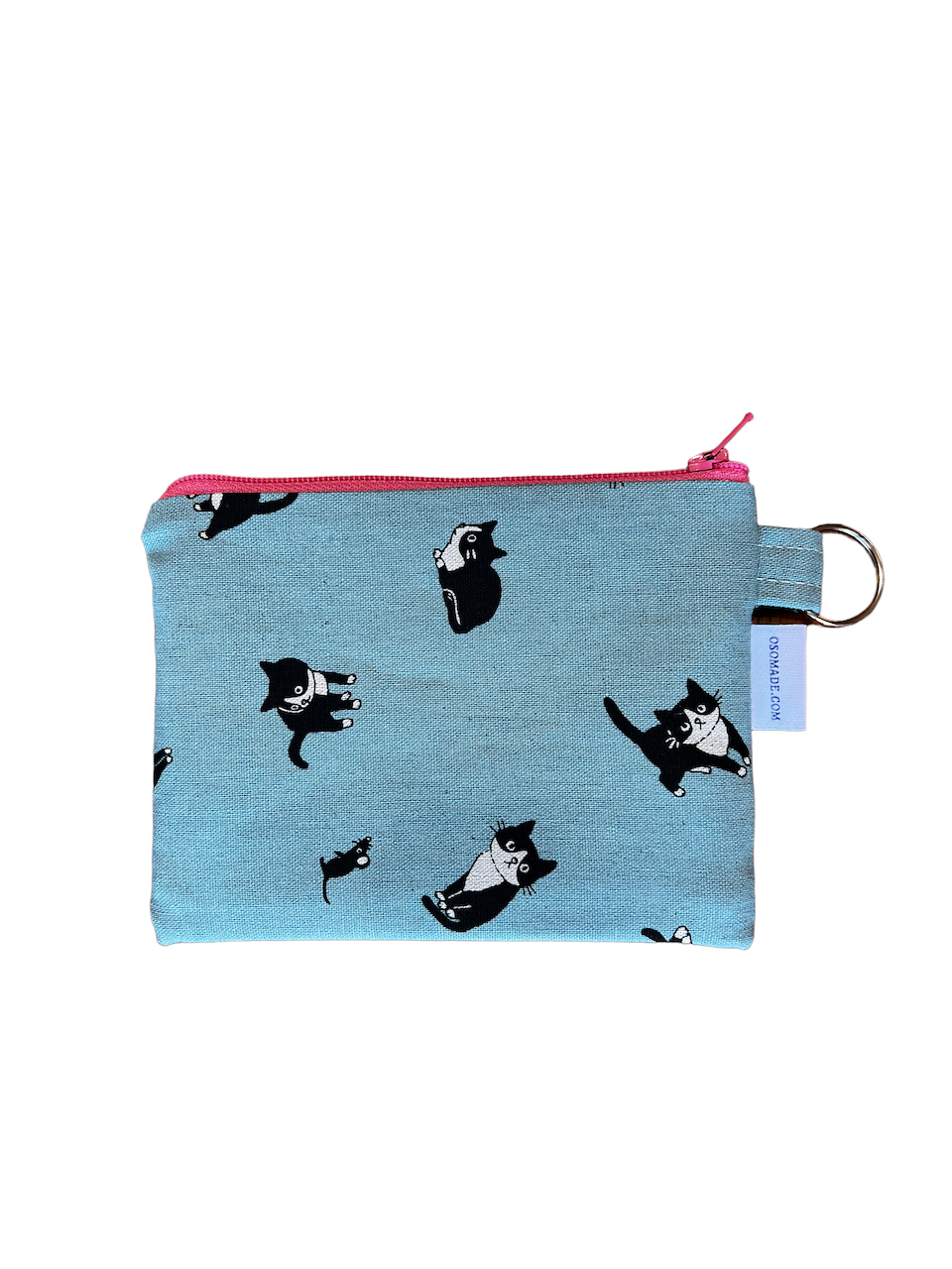 Blue cat print coin purse, cat print pouch, black cat money purse, kawaii canvas zipper bag, 6" x 4.5", gift for cat lover.