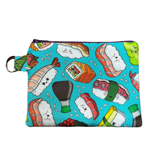 Kawaii sushi coin purse. Made with artisan linen cotton fabric, 6" x 4.5"