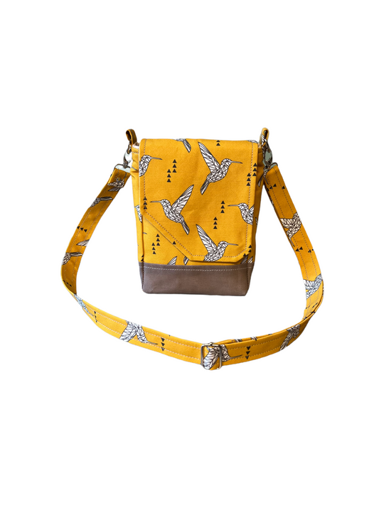 Hummingbird Purse, Geometric Bird Pattern Bag, Gold and black purse with bird print