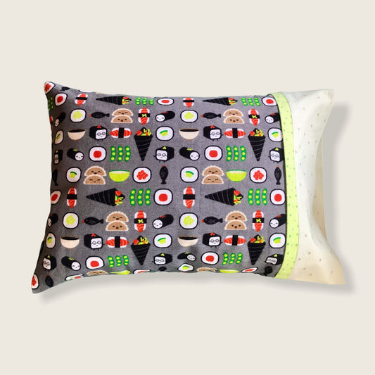 Kawaii sushi flannel pillow case, sushi pillow, sushi camp print pillow, small cute sushi pillow. Machine washable.