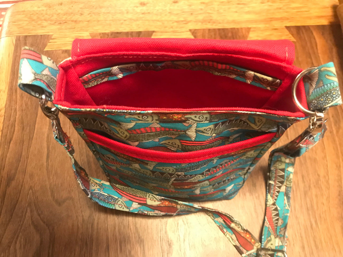 Salmon print crossbody bag, fish print purse, gift for fish lover, gift for fisherwoman, cottagecore fish bag