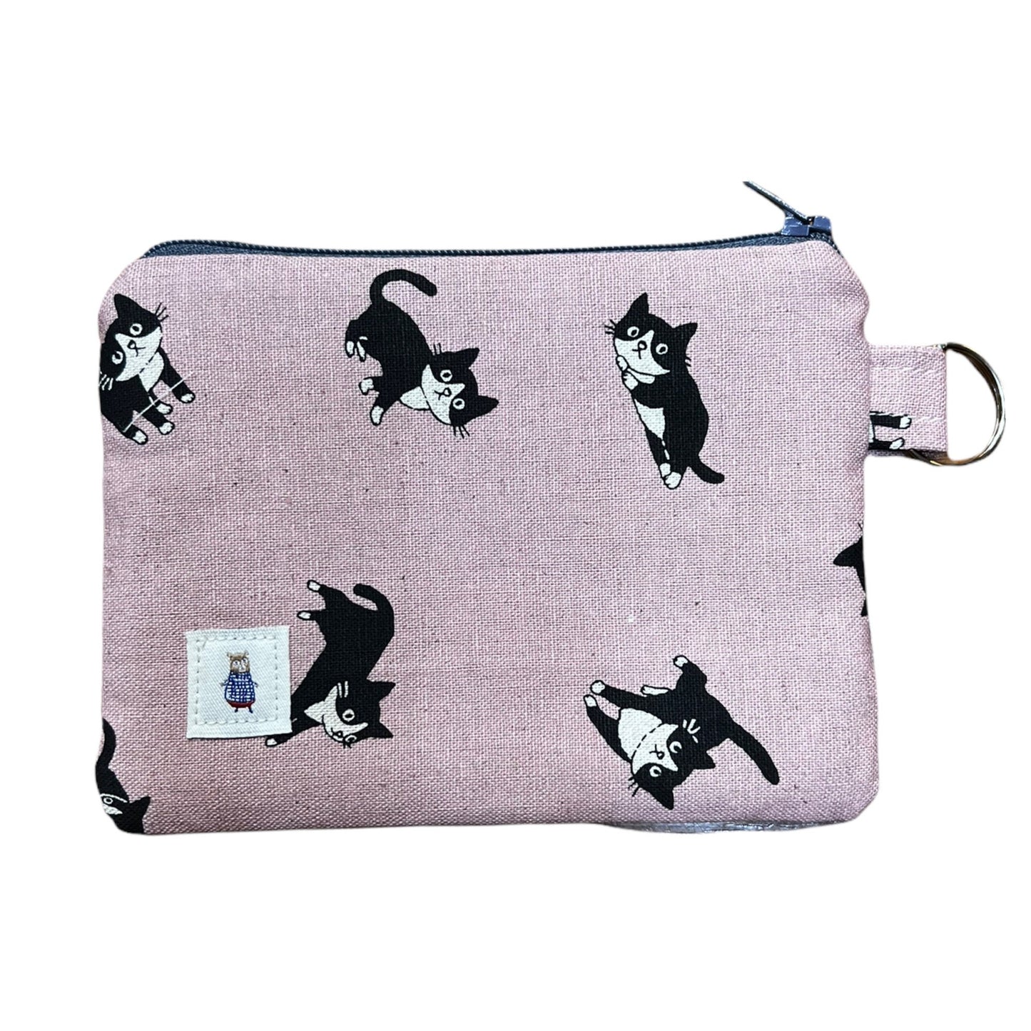 Pink cat print coin purse, cat print pouch, black cat money purse, kawaii canvas zipper bag, 6" x 4.5", gift for cat lover.