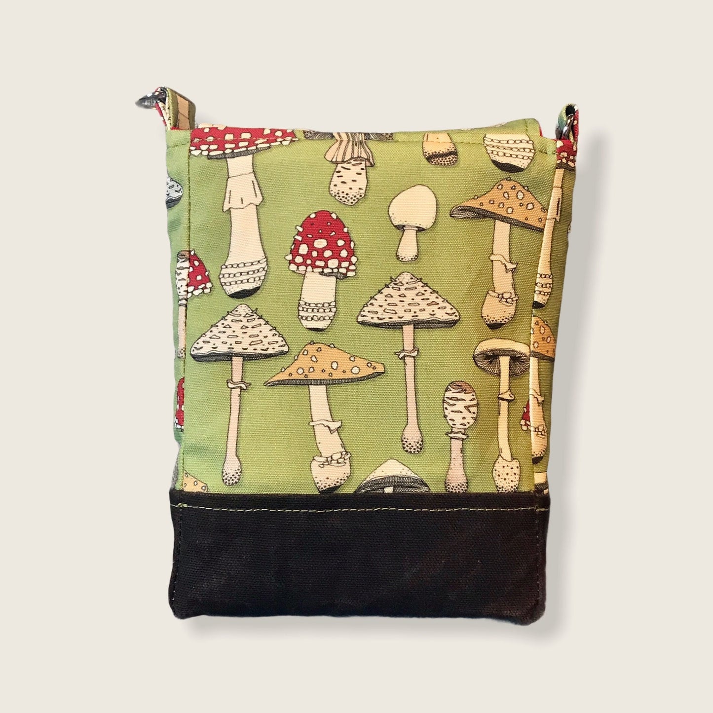 Cute mushroom purse, cottagecore mushroom crossbody, gift for mushroom fan, Goblincore bag, Cotton linen and waxed canvas mini.