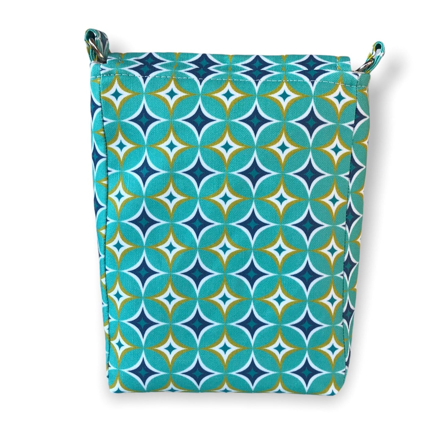 Mid-century modern geometric print crossbody bag, mini messenger style, teal, navy, & yellow, 8.5"x6".