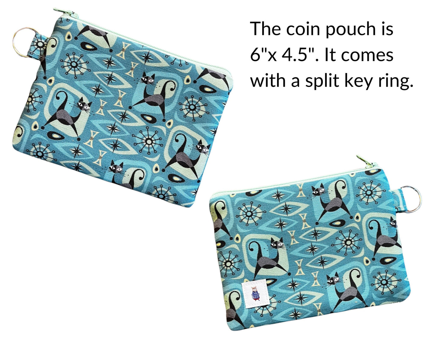 Cute atomic cat coin purse, black cat money pouch, 6"x4.5" linen and cotton zipper pouch, gift for cat lover, cat print pouch