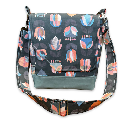 Flower print crossbody bag, Mother's Day Gift, midcentury modern style purse, retro style flower purse, waxed canvas and linen bag