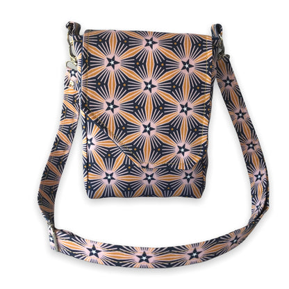 Midcentury modern geometric print crossbody bag, messenger style crossbody, retro style purse.