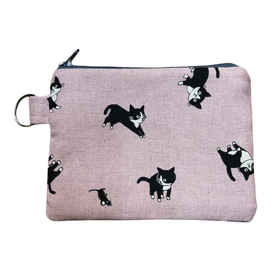 Pink cat print coin purse, cat print pouch, black cat money purse, kawaii canvas zipper bag, 6" x 4.5", gift for cat lover.
