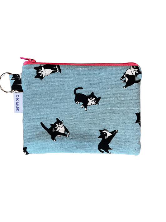 Blue cat print coin purse, cat print pouch, black cat money purse, kawaii canvas zipper bag, 6" x 4.5", gift for cat lover.