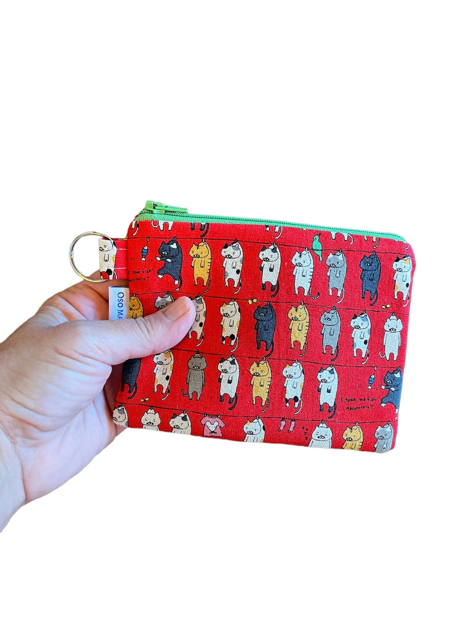 Whimsical cat print coin purse, cat print pouch, red cat money purse, kawaii canvas zipper bag, 6" x 4.5", gift for cat lover.