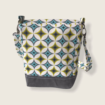 Mid-century modern geometric print crossbody bag, mini messenger style, White, blue & gold, 8.5"x6".
