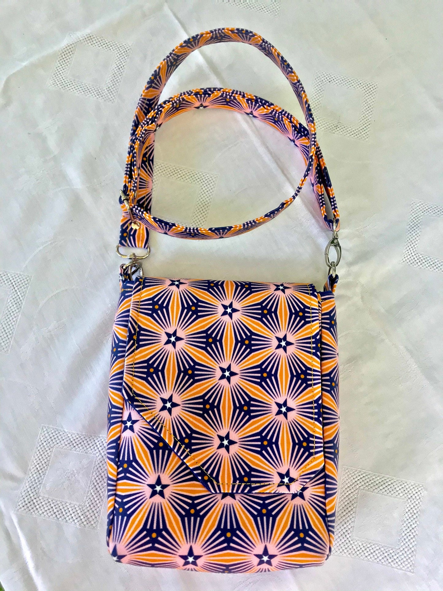 Midcentury modern geometric print crossbody bag, messenger style crossbody, retro style purse.