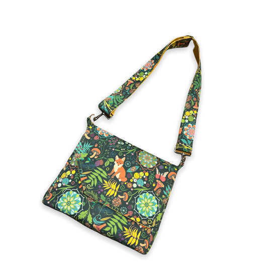 Fox print crossbody bag, fox print purse, cottagecore woodland critter messenger bag.
