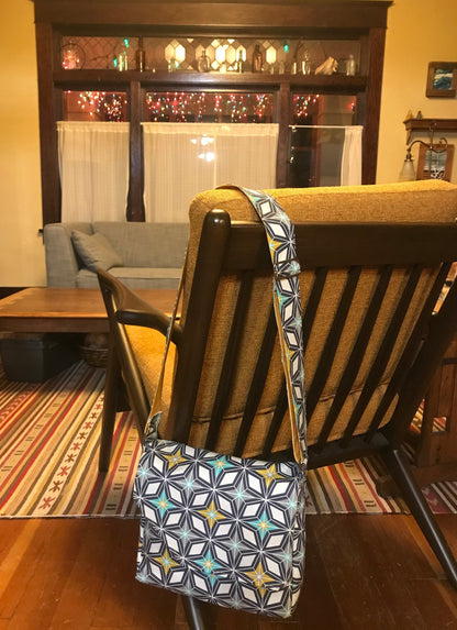 Retro style purse, Geometric print crossbody, midcentury style messenger, geometric style bag, Gift for midcentury fan.