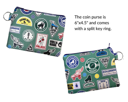 Retro Roller Derby coin purse, Vintage skate rink logo change pouch, gift for roller derby fan.