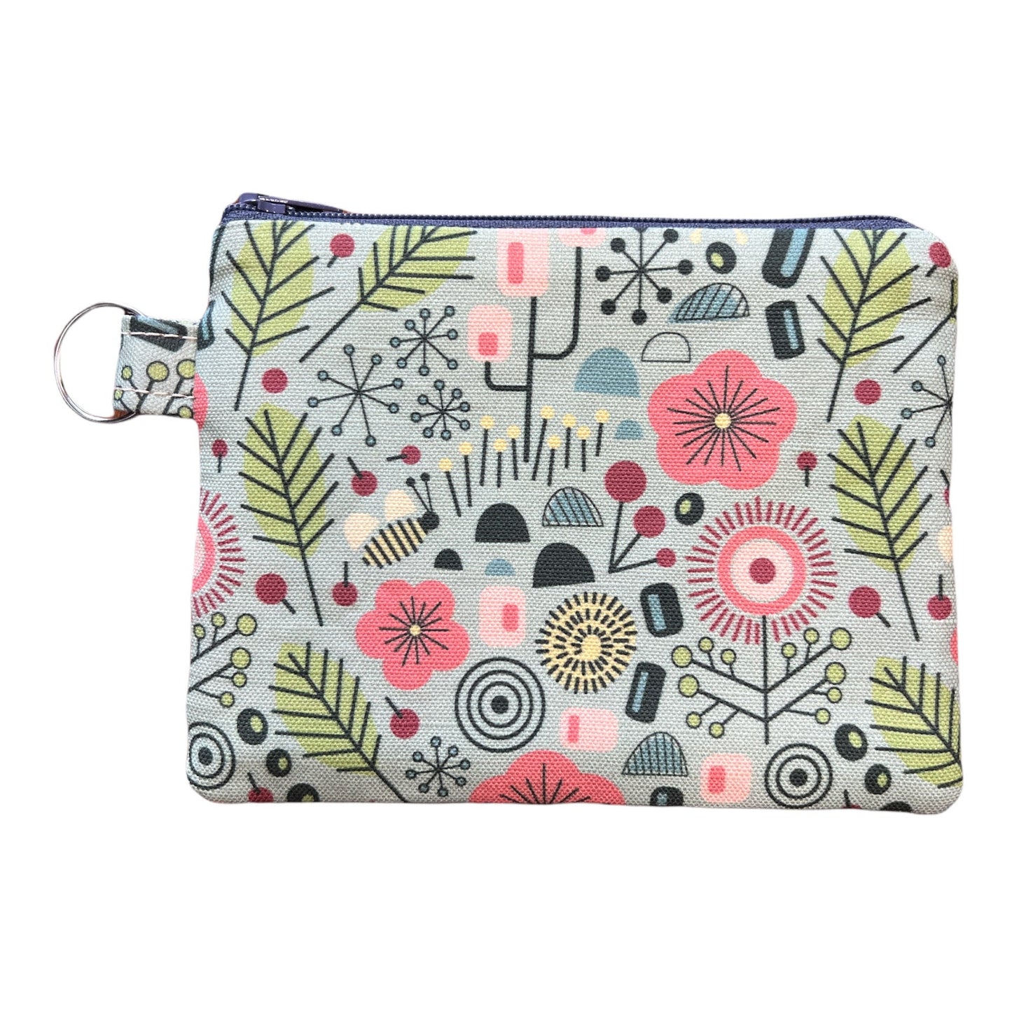 Flower coin purse, midcentury modern inspired pouch, 6"x4.5", linen and cotton, nylon zipper.