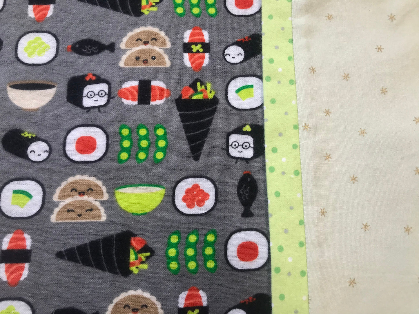 Kawaii sushi flannel pillow case, sushi pillow, sushi camp print pillow, small cute sushi pillow. Machine washable.
