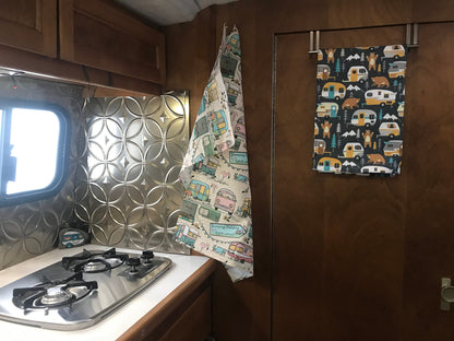 Retro camper design, Vintage trailer tea towel,  26" x17",  linen cotton kitchen towel, Hostess gift, canned ham gift