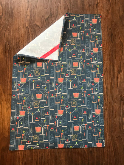 Midcentury modern cocktail tea towel,  26" x17",  retro kitchen towel, Hostess gift, gift for bartender, fun linen bar towel.