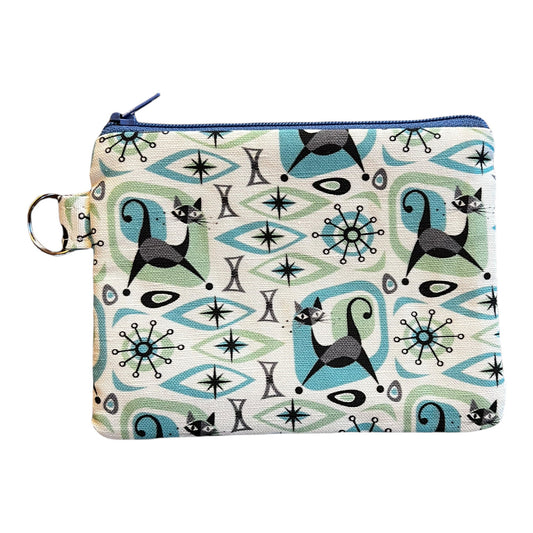 Atomic cat coin purse, cat print pouch, black cat money purse, linen and cotton zipper bag, 6" x 4.5"
