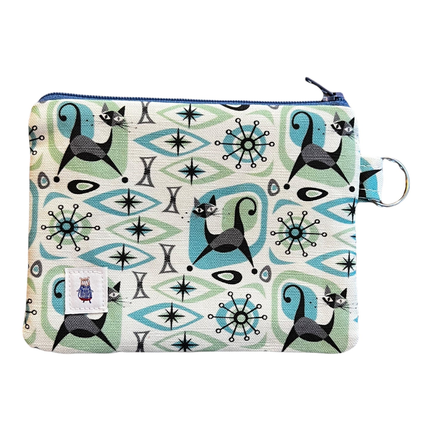 Atomic cat coin purse, cat print pouch, black cat money purse, linen and cotton zipper bag, 6" x 4.5"